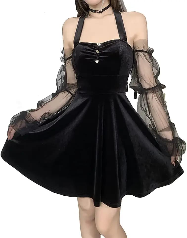Goth Retro Gericht Spitze Laterne Langarm Aushöhlen O Hals Pure Black Temperament Samt Midi Kleid