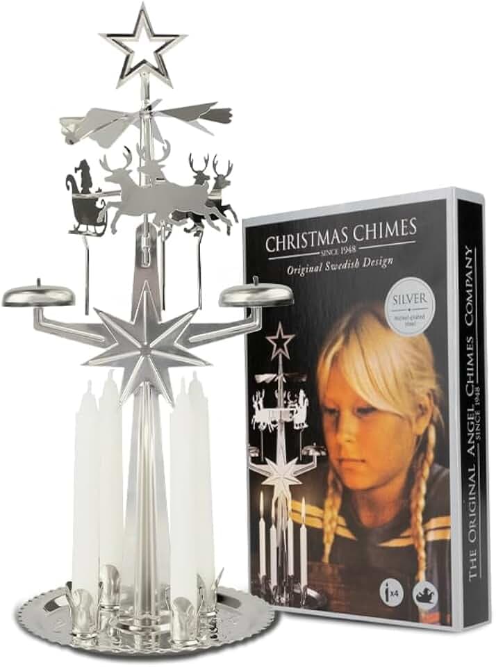 Original Swedish Christmas Chimes, Carousel and 4 Candles – Scandinavian Spinning Festive Chimes for Christmas, Best Memorial Gift Since 1948, Home Decorations - Silver