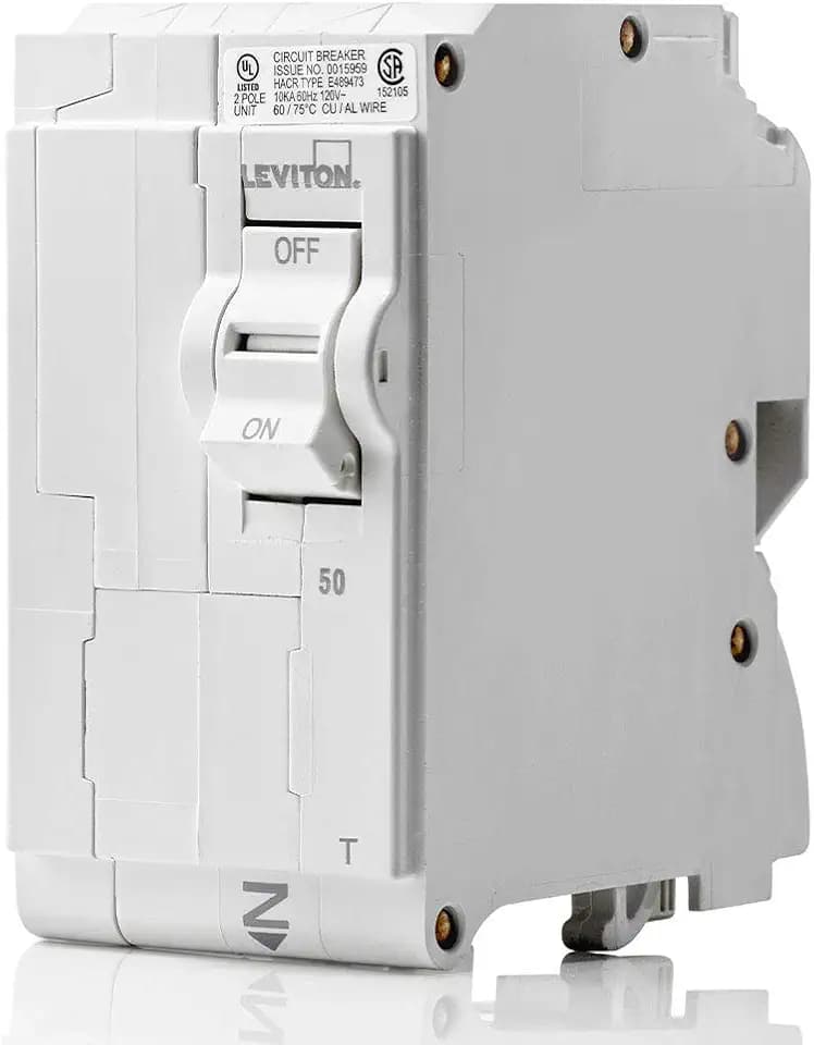 Leviton 50A 2-Pole Plug-On Standard Branch Circuit Breaker, Thermal Magnetic, 120/240 VAC, LB250-T, White