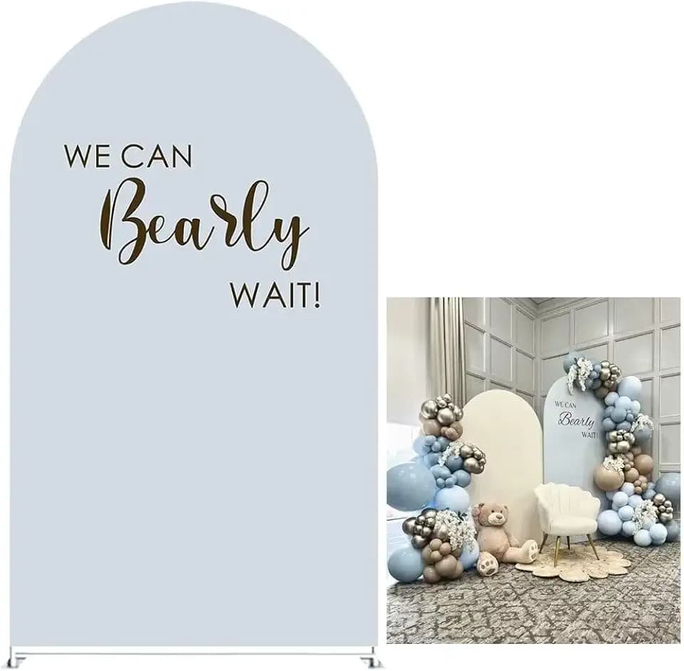 Light Blue Arch Backdrop Covers Baby Shower Party Decor We Can Bearly Wait Theme Arched Photography Background Stand Covers for Birthday Parties (2.6x6FT)