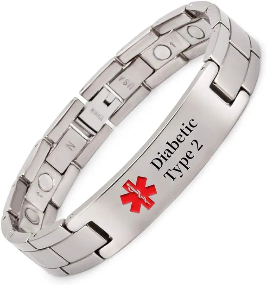Titanium Medical Alert Bracelet for Men Women, Type 2 Diabetes, High Blood Pressure, Blood Thinner, Hypoallergenic, 8.46inch Wristband