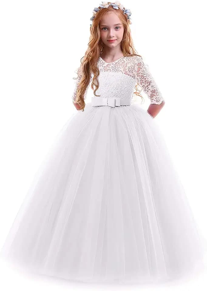 IWEMEK Elegant Brautjungfer Kleider für Mädchen Blumenmädchen Hochzeitskleid 3/4 Arm Spitzenkleid Tüllkleid Prinzessin Festzug Erste Kommunionskleider Weihnachten Karneval Abendkleid Partykleid
