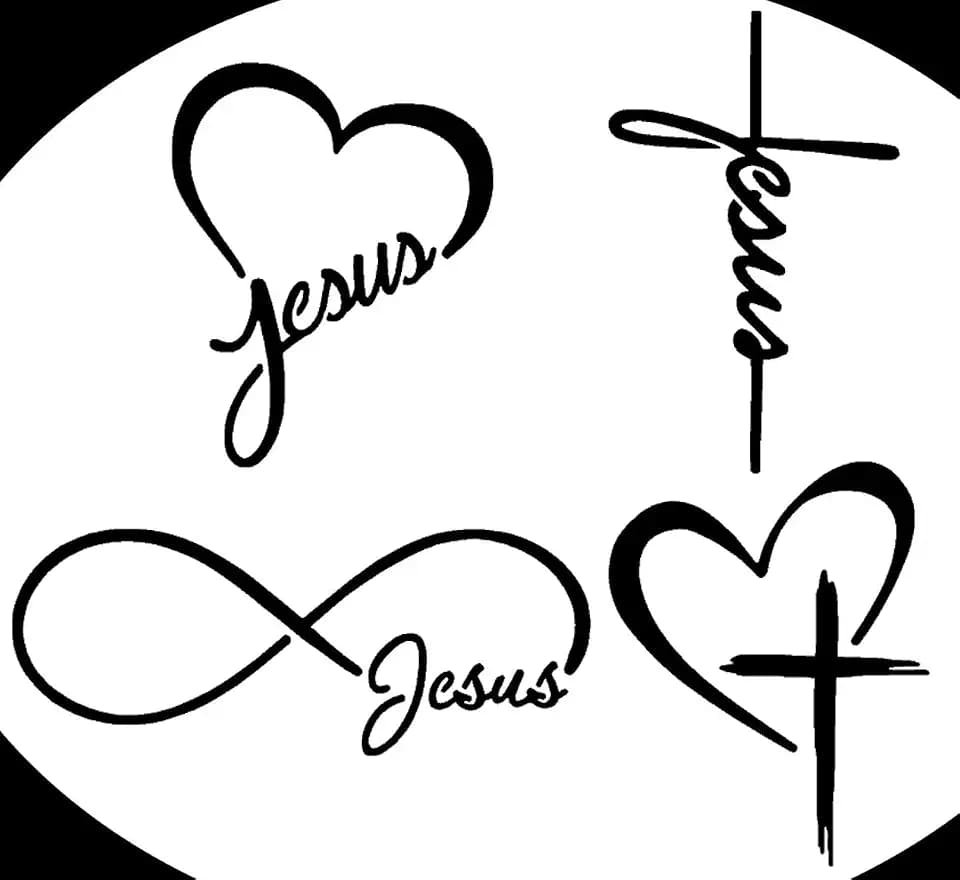Jesus Decals 4 Pack: Jesus Heart, Jesus Cross, Jesus Infinity, Cross Heart (Large ~5", Black)