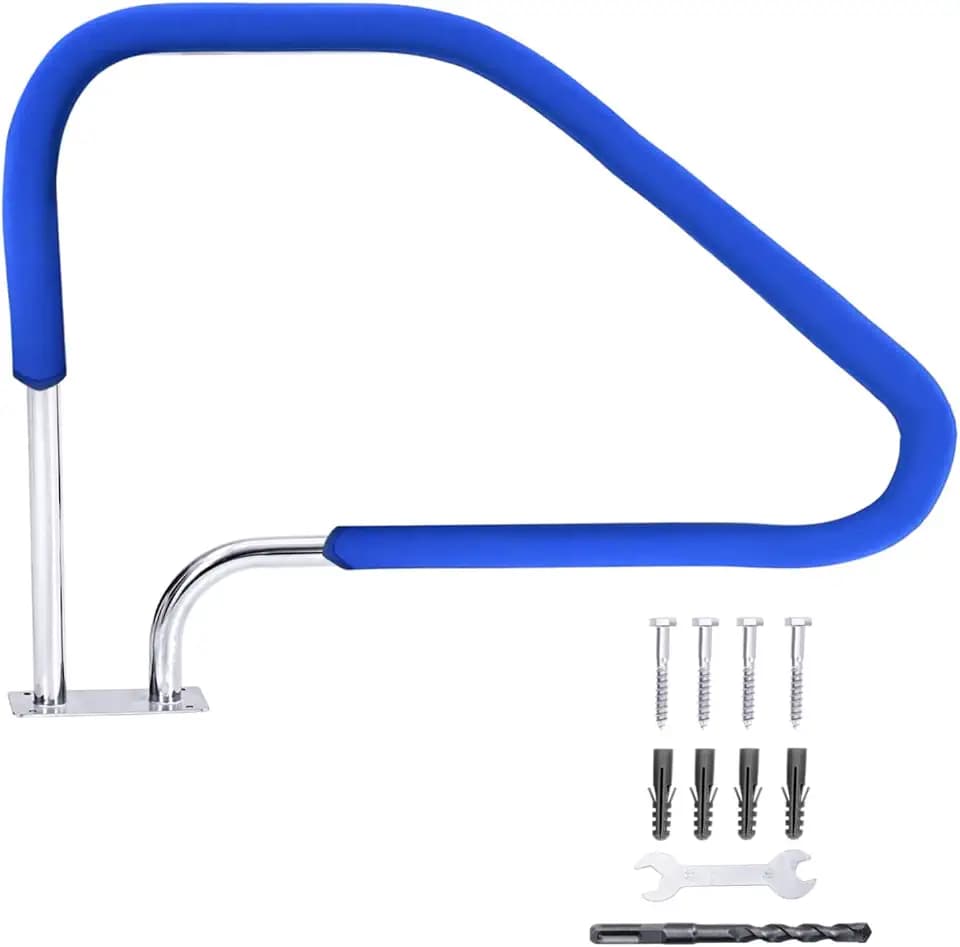 Pool Rail 49x34in Pool Handrail, 300LBS Load Capacity Silver Rustproof Pool Handrail, 304 Stainless Steel Humanized Swimming Pool Handrail with Blue Grip Cover & Drill Bit & Self-Taping Screws