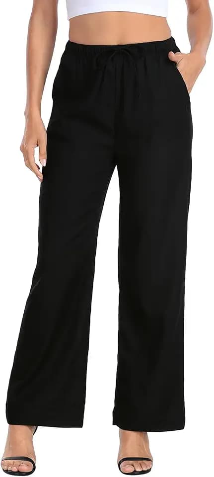 HDE Womens Linen Pull On Drawstring Pants High Waist Wide Leg Beach Palazzo