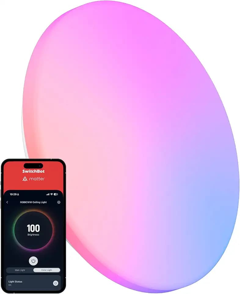 SwitchBot RGBICWW Ceiling Light 12 Inch, Matter Certified LED Flush Mount Light Fixture, 2000LM, No Hub Required, 2700K-6500K Dimmable, Works with Apple Home and Alexa, CRI 90+, for Bedroom Kitchen