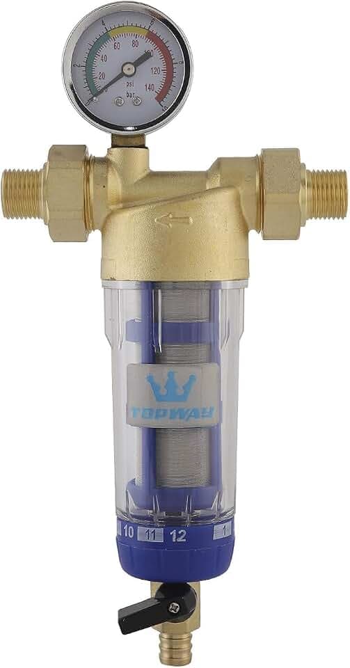 TOPWAY Wasservorfilter waschbar und wiederverwendbar Sediment-Wasserfilter Wasserhahn Wasserfilter Osmose Vorfilter Edelstahl 60 Mikron, mit Manometer 150203