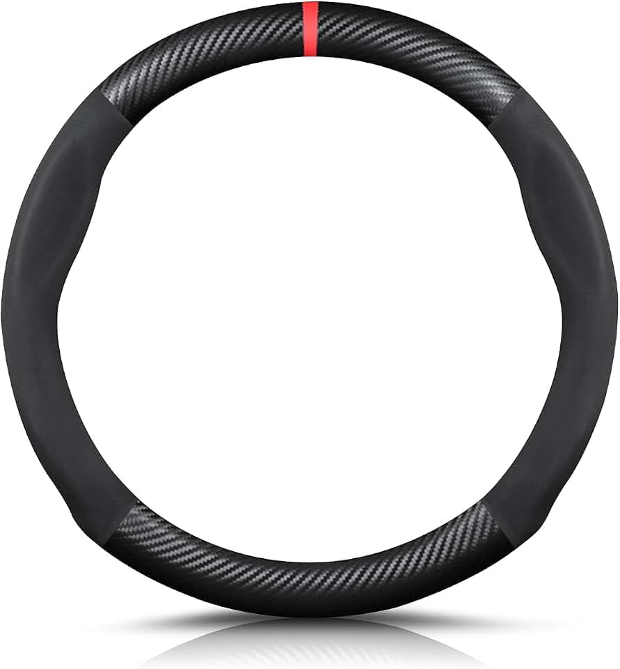 Ergocar Round Shape Carbon Fiber & Microfiber PU Leather Steering Wheel Cover Anti-Slip Car Steering Wheel Protector Breathable Sweat Absorbent Sport for Diameter 38cm（15"）-Black Red