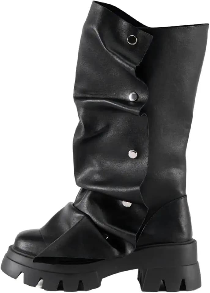 sexytag Women's Platform Slouchy Fold Over Boots Mid Calf Block Heel Round Toe Western Pull on Fashion Boot