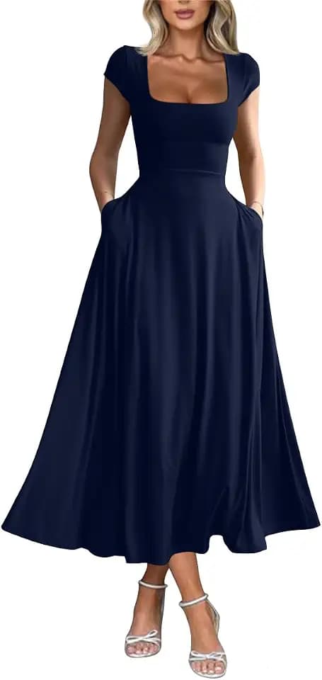 YMDUCH Women's Casual Short Sleeve Square Neck Flowy Long Dress