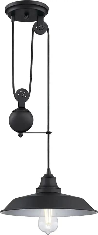 Westinghouse 6129300 Iron Hill Vintage-Style One Light Indoor Pulley Pendant, Matte Black Finish