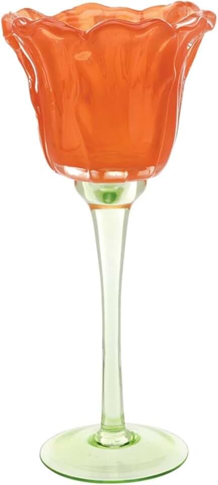 47th & Main Glass Tulip Votive Candle Holder, 4" Diameter x 9" Tall, Orange/Green