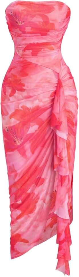 Women's Cocktail Boho Midi Mesh Strapless Bodycon Dresses