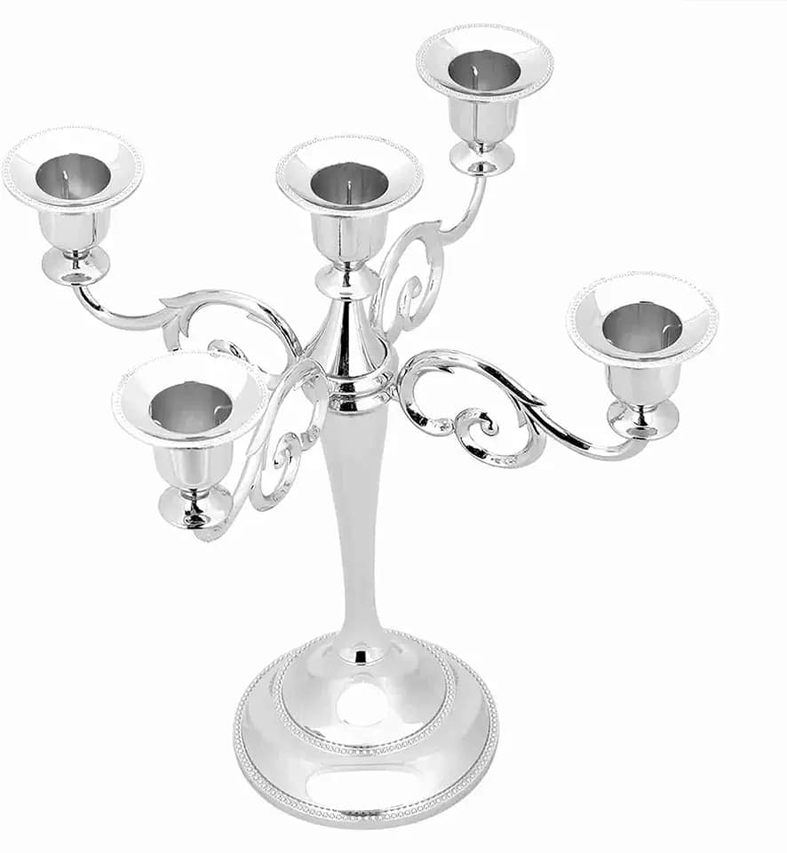 5-Armiger Vintage-Kerzenhalter aus Metall für Tischdekoration, konischer Kerzenleuchter aus Legierung für Hochzeit, Party, Zuhause, Kirche, Gold oder Silber, 26 x 26,5 cm (Silber)
