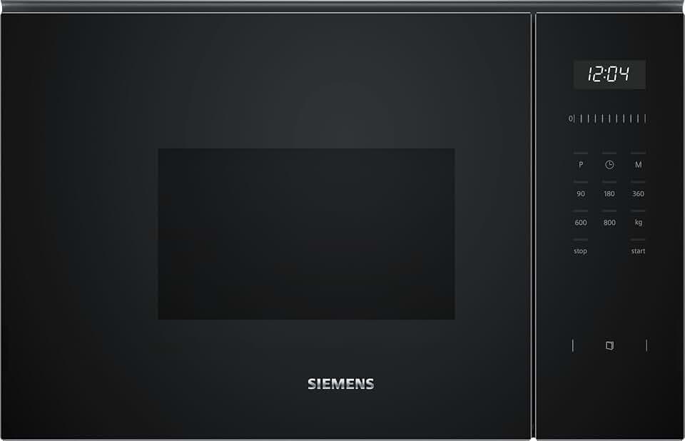 Siemens iQ500 Einbau-Mikrowelle Schwarz Edelstahl 594 x 382 cm BF525LMB1 | Wattleistung bis 800 Watt, Seitlich öffnende Tür, Weißes LED Display mit Touch-Control, Hydrolytisch