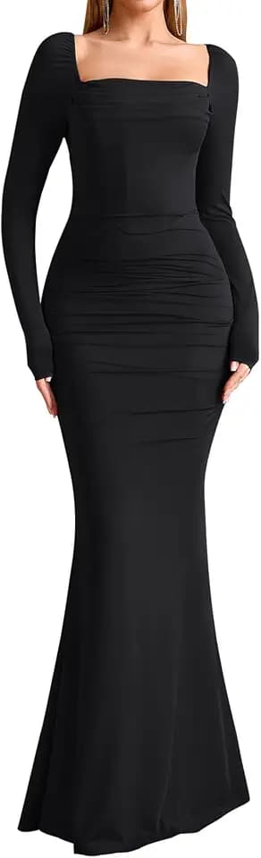 EYNMIN Corset Maxi Dress Long Sleeve Square Neck Ruched Bodycon Elegant Formal Wedding Guest Dresses for Women