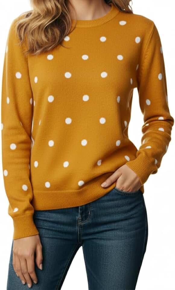 Women's Polka Dot Crewneck Sweater, Casual Long Sleeve Knit Pullover Top, Soft and Comfortable Everyday Wear