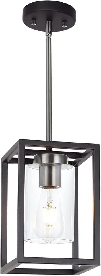 Single 1 Light Black and Brushed Nickel Modern Glass Pendant Light Industrial Modern Metal Chandelier with Clear Glass Shade for Dining Room Kitchen Island Foyer Cafe