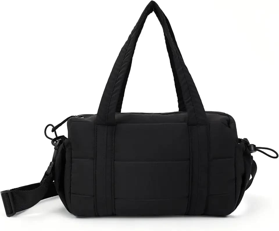 Puffer Mini Gym Bag for Women, Lightweight Travel Bag with Detachable Shoulder Strap, Overnight Weekender for Sports, Short Trip, Daily Use, Black