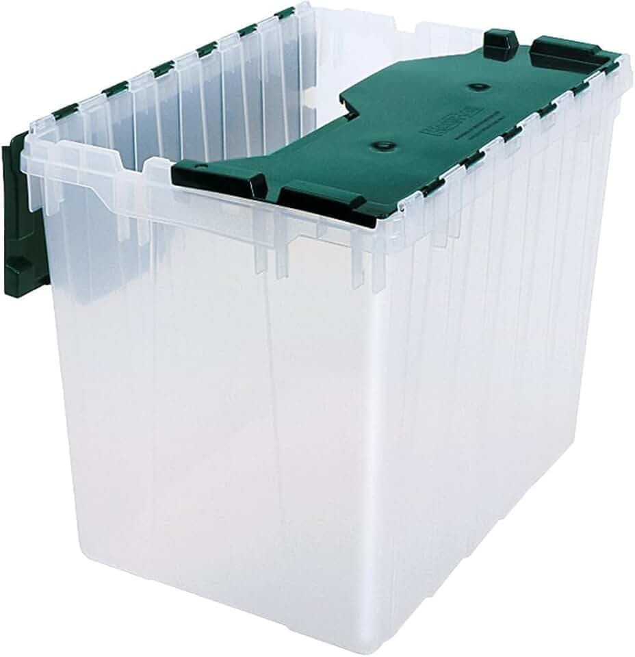 Akro-Mils 66497 Aufbewahrungsbehälter KeepBox aus Kunststoff, stapelbar, 18 Gallonen, mit aufklappbarem Deckel, 21 Zoll L x 15 Zoll B x 17 Zoll H, transparent/grün