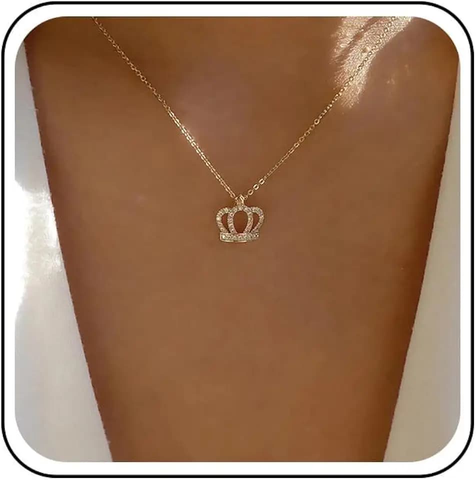 Boho Crystal Crown Necklace Choker Gold Queen Crown Chain Necklace Crowns CZ Pendant Necklaces Crowns Rhinestone Necklaces Jewelry for Women