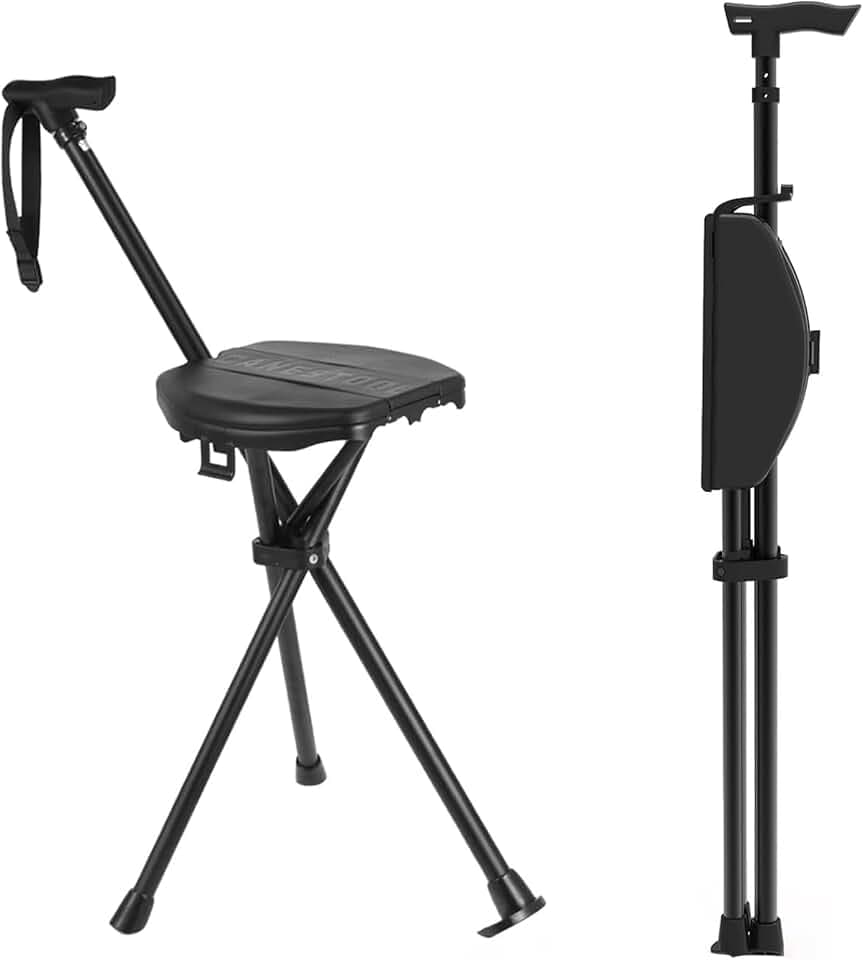 Gehstock mit Sitz, 95-104 cm Faltbar Sitzstock, Tragkraft bis 250 kg | Tragbarer Gehstock Klappbar mit Tragetasche, Spazierstock mit Sitz, Faltbarer Wanderstock mit Sitz für Frauen und Männer