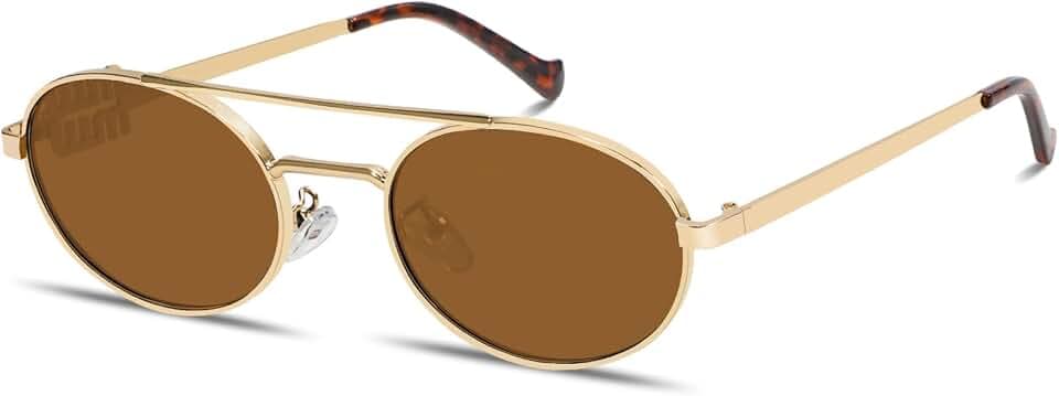 Rmerom Retro Gold Metal Oval 90s Sunglasses for Women Small Chic Sunnies