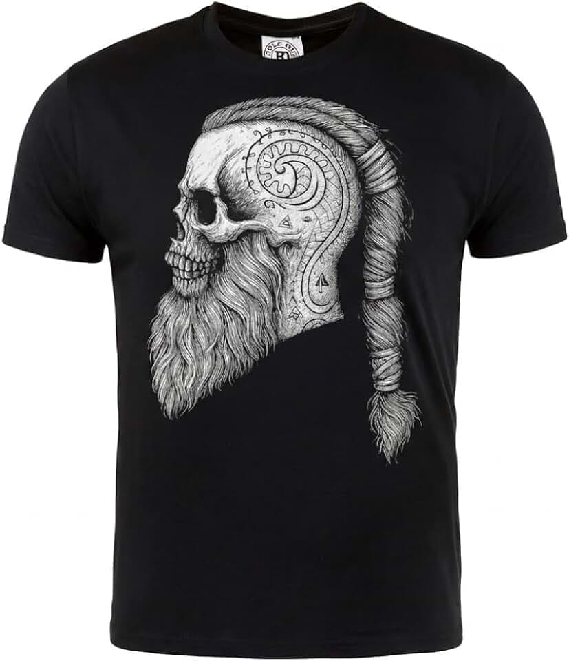 Rule Out Herren T-Shirt Wikinger Totenkopf Nordic – Baumwolle Rundhals Kurzarm Schwarz