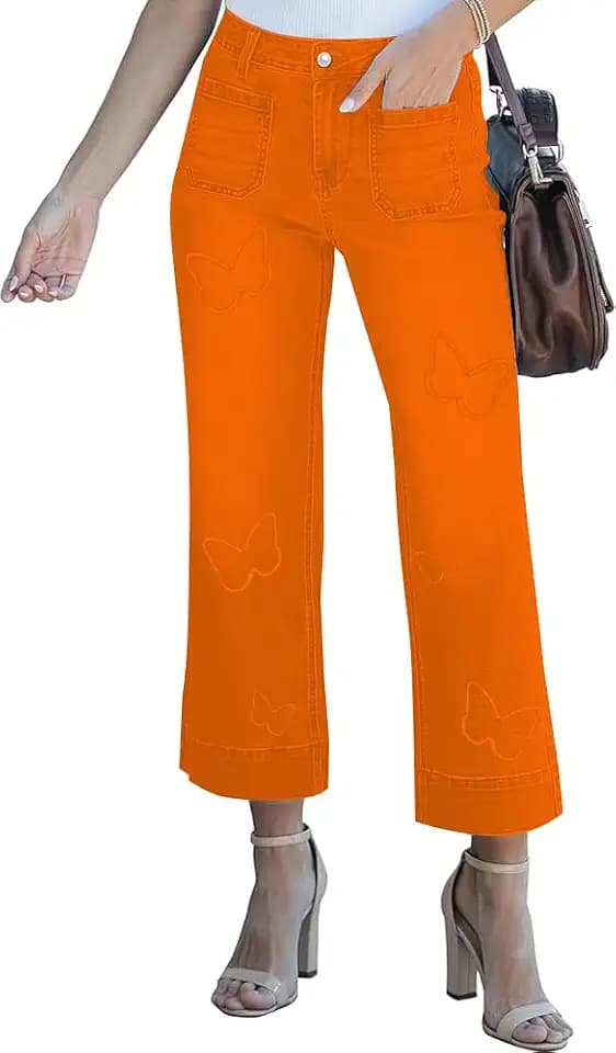 Women's Cropped Wide Leg Jeans Butterfly Straight High Waisted Baggy Flared Jeans Stretchy Trendy Petite Denim Pants
