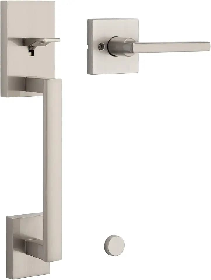 Kwikset San Clemente Front Entry Door Handle Set, No Lock, Satin Nickel