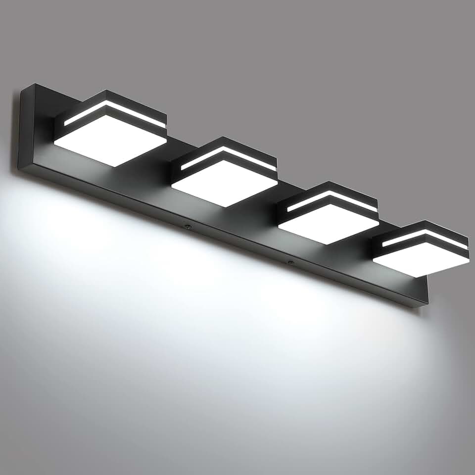 SineRise LED Modern Bathroom Vanity Light Fixtures, Modern Acrylic Bathroom Wall Lighting Fixtures Over Mirror, 4-Light, 30-Inch, Black, White