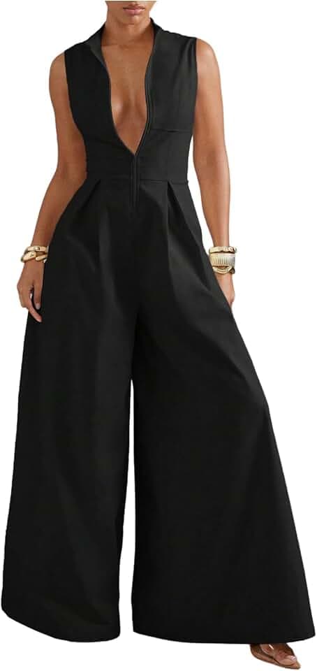 Verdusa Women's Zip Up Wide Leg Jumpsuits Dressy Formal One Piece Jumpsuits