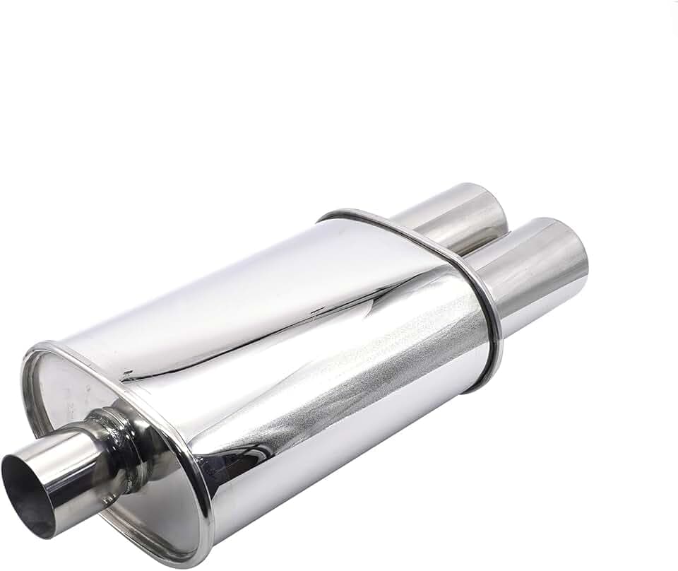 Auspuffschalldämpfer 63MM Single Inlet/73MM Dual Outlet Silber Edelstahl Auto Schalldämpfer 11.8 Zoll (300MM) Ovale Körperlänge Auspuff Back Box Twin Tips geschweißter Turbo Schalldämpfer