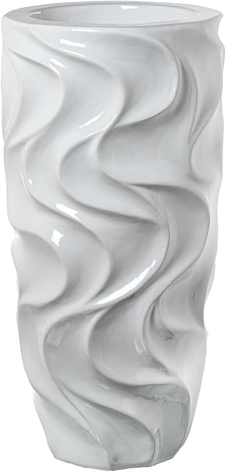 DRW Bodenvase mit Keramikwellen, Weiß, glänzend, 33 x 33 x 70 cm