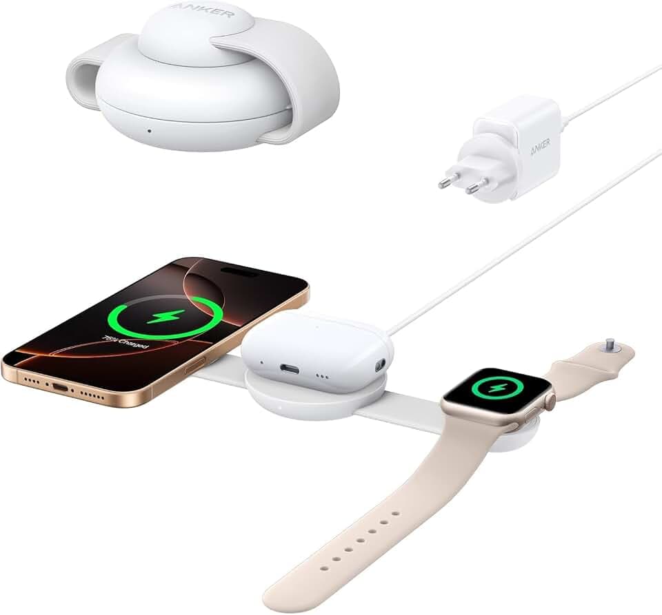 Anker MagGo 3-in-1 Kabellose Ladestation Qi2 15W faltbar | MagSafe-kompatibles Reise-Ladepad mit EU/US/UK Stecker für iPhone 17/16, AirPods und Apple Watch (keine Powerbank)