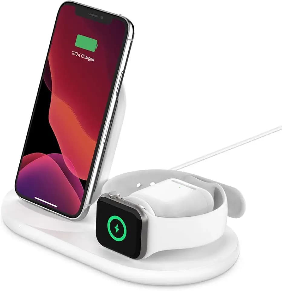 Belkin 3-in-1 Fast wireless charging Stand for iphone, Apple Watch & AirPods - iphone Case Compatible Qi Charger - charging Station For Multiple Devices - White