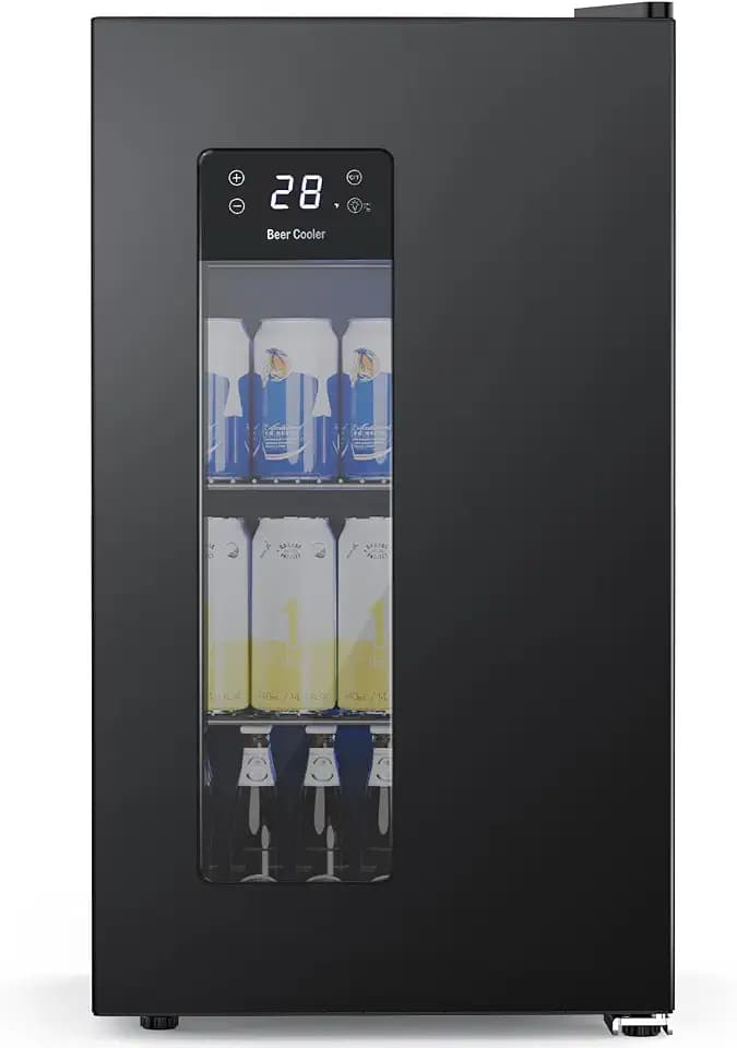 COWSAR 3.2 Cu. Ft. Beverage Refrigerator, 130-Can Beer Cooler with Digital Temperature Control (20°F–50°F), Glass Door, Adjustable Shelves, LED Lighting, for Home, Office & Bar, Black