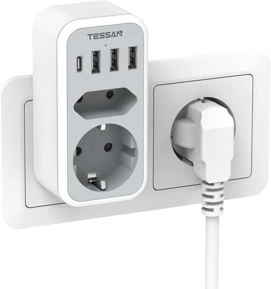 TESSAN Doppelstecker für Steckdose mit 1 USB C und 3 USB A, Grau