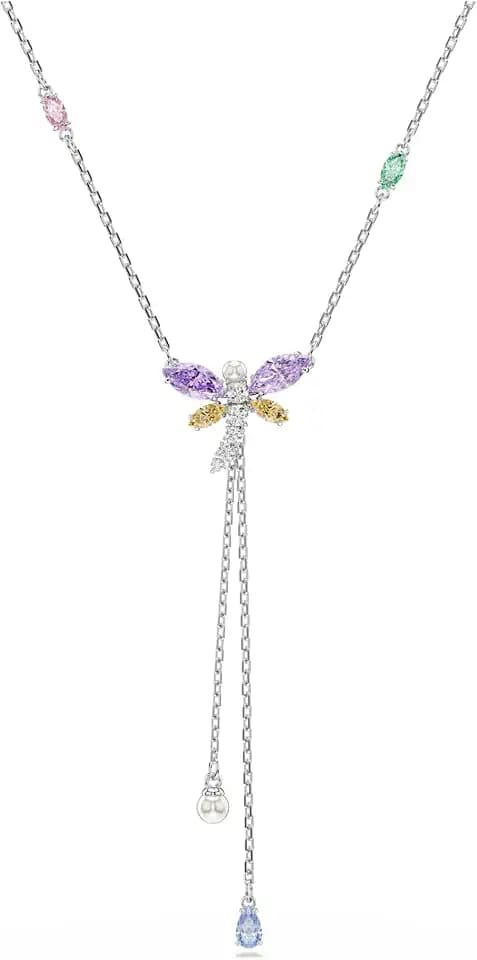 Swarovski x Ariana Grande Official Dragonfly Motif Jewelry Collection, Brooch, Pendant Necklace, Earrings, Mixed Cut Multicolored Stones, Rhodium Finish