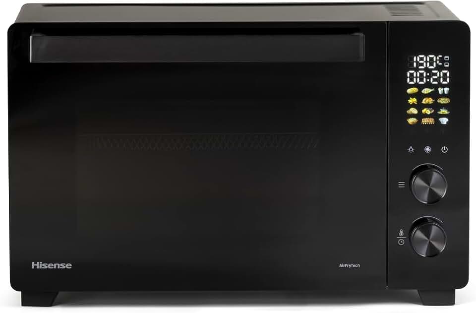 Hisense HOM30AF Mini-Ofen/30 L Kapazität/1800 W Leistung/230° max. Ofentemperatur/Umluftfunktion/Antihaftbeschichtung/2-fach verglast/Innenbeleuchtung/Krümelfach/Gerätemaß (BxHxT): 51,8×32,5×37,8 cm
