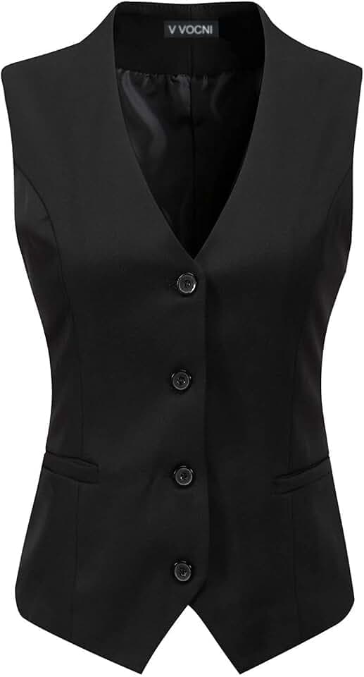 V VOCNI Damen-Anzug, komplett gefüttert, mit 4 Knöpfen, V-Ausschnitt, eleganter Anzug, Weste, Schwarz
