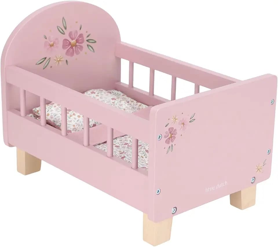 Little Dutch Puppenbett Bett für Babypuppen Puppen Holz rosa mit Blume - rosa