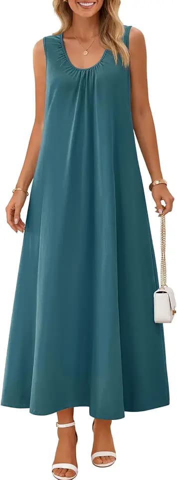 MEROKEETY Women's Summer Boho Sleeveless Ruched Maxi Dress