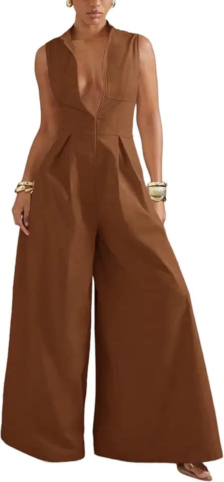Verdusa Women's Zip Up Wide Leg Jumpsuits Dressy Formal One Piece Jumpsuits