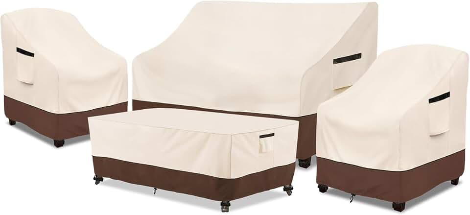Rileytee Patio Furniture Cover Set, 4 Piece 600D Outdoor Furniture Covers Waterproof, Heavy Duty, Fits Loveseat, 2 Chairs & Coffee Table, Beige & Brown,Small