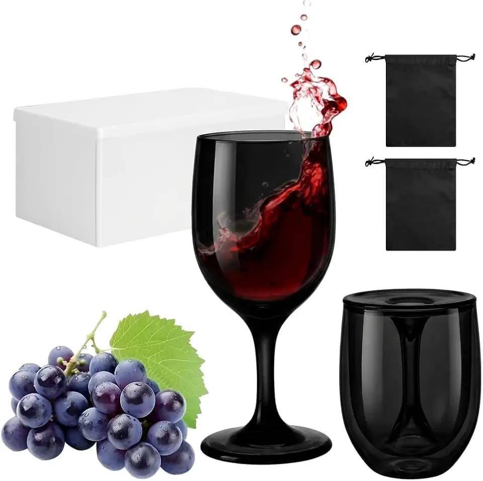 VINATO 2 Stück Weingläser Kunststoff to Go, 200ml Faltbares Weingläser Camping Plastik Set, mit Aufbewahrungsbox, Moderne Mehrweg Rotweingläser To Go, für Reisen Camping Outdoor Picknick（Schwarz）