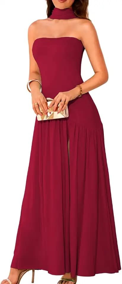 ChiaoLezhee Women's Maxi Tube Dress with Scarf, Drop Waist High Slit Formal Prom, Wedding Guest Cocktail Party Gown