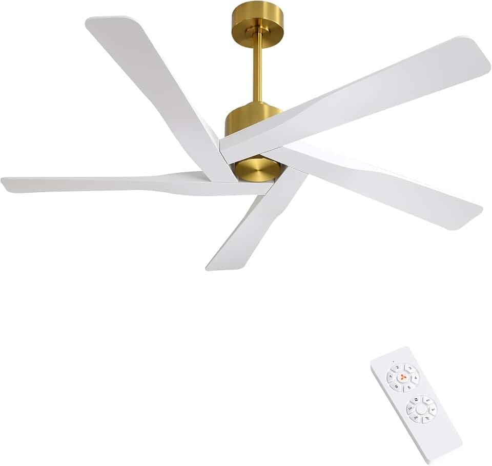 WINGBO 54" ABS DC Ceiling Fan No Light, 5 Blade ABS Plastic Ceiling Fan with Remote, 6-Speed Reversible DC Motor, Ceiling Fans without Light for Kitchen Bedroom Living Room, Brass and White