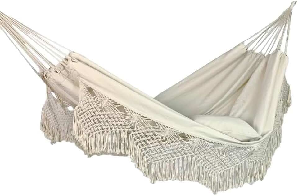 Macrame Double Hammock with Heart Motif, 79 x 59 in (200 x 150 cm) – 2-Person Boho Fabric Hammock, Ropes & 2 S-Hooks Included, Indoor/Outdoor Patio Porch Garden Beach Décor (Beige)