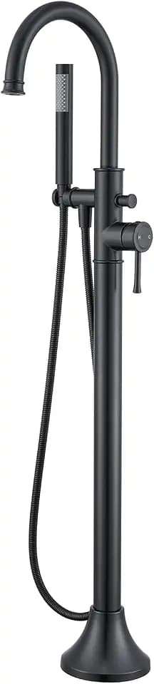 Wowkk Free Standing Tub Faucet Black Freestanding Bathtub Faucet Floor Mount Brass Bathroom Tub Filler with Hand Shower